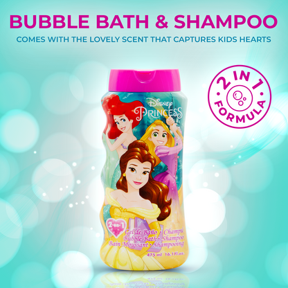 Lorenay Disney Princess 2-in-1 Bubble Bath & Shampoo 475ml - Gentle Kids Hair & Body Wash for Soft Cleansing, Tear-Free Formu