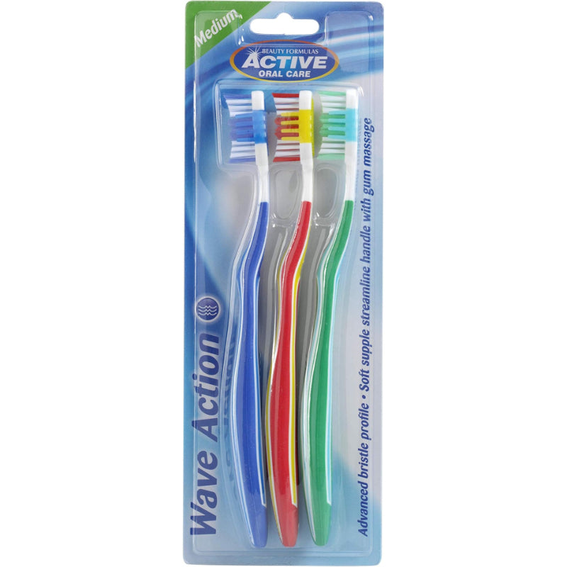 Beauty Formulas Active Oral Care Wave Action Toothbrush Medium (1 Pack – 3 Pcs) – Deep Cleaning Bristles for Plaque Removal &