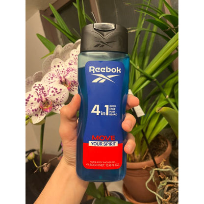 Reebok Men 4-in-1 Move Your Spirit Shower Gel 400ml – All-in-One Hair, Face & Body Wash for Deep Cleansing, Long Lasting Fres