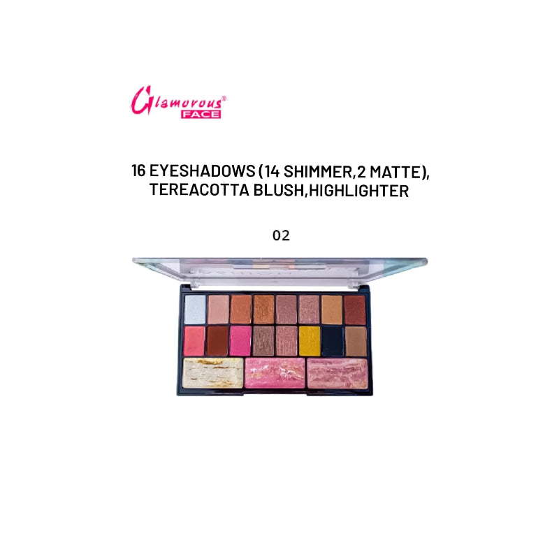 Glamorous Face Eyeshadow Palette 14 Shimmer, 2 Matte, Terracotta Blush, Highlighter (02)