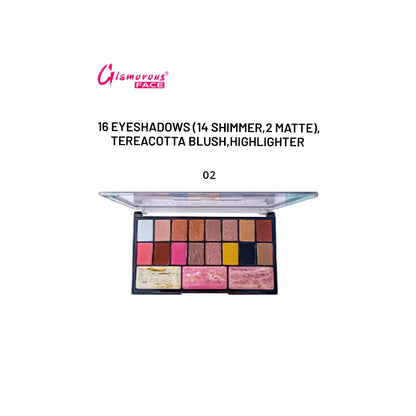 Glamorous Face Eyeshadow Palette 14 Shimmer, 2 Matte, Terracotta Blush, Highlighter (02)