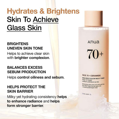 Anua Rice 70 + Ceramide Glow Milky Toner 250 ml Brightening Hydration & Skin Barrier Support (K Beauty)