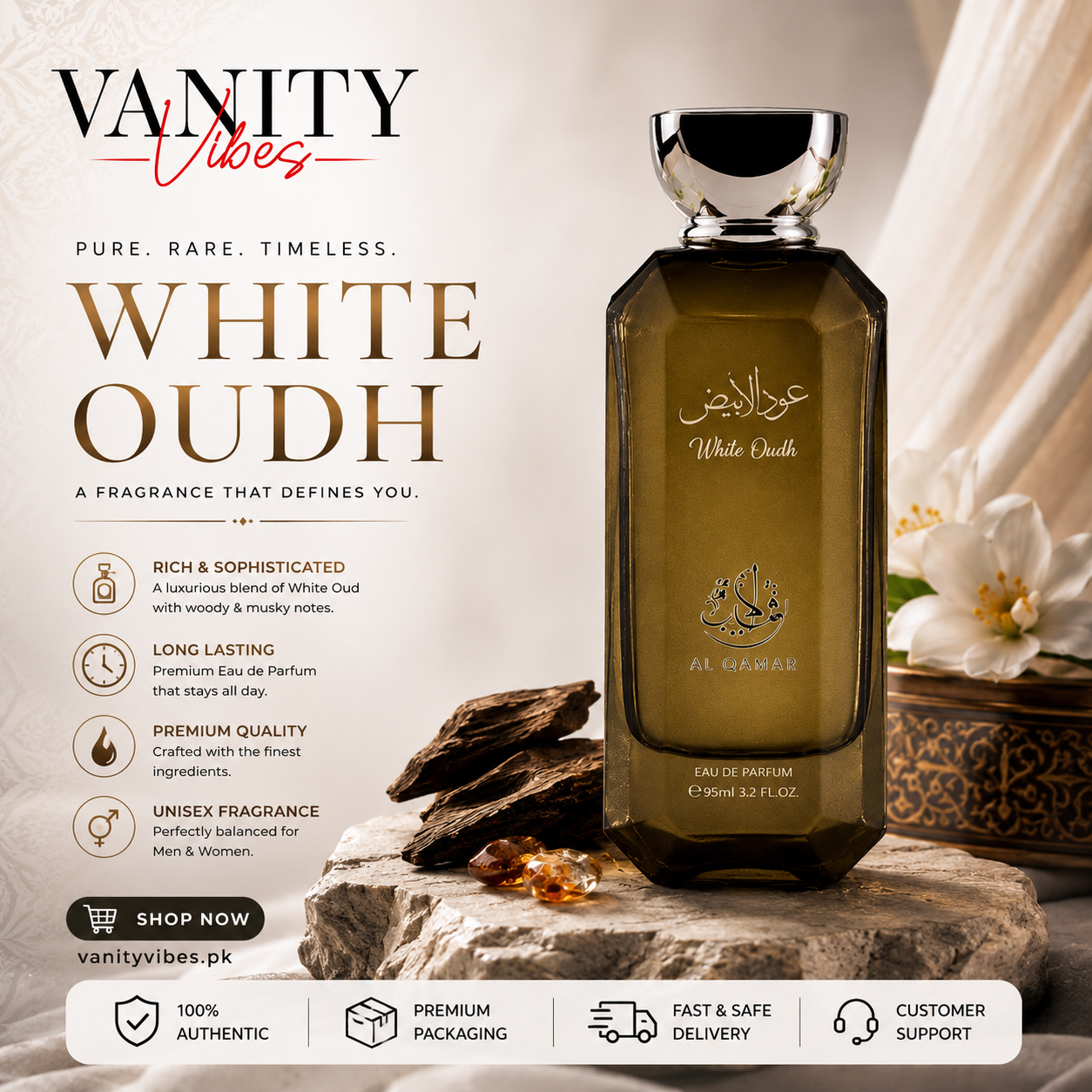 AL Qamar White Oud Eau de Parfum 95ml Pour Homme - Long Lasting Perfume for Men
