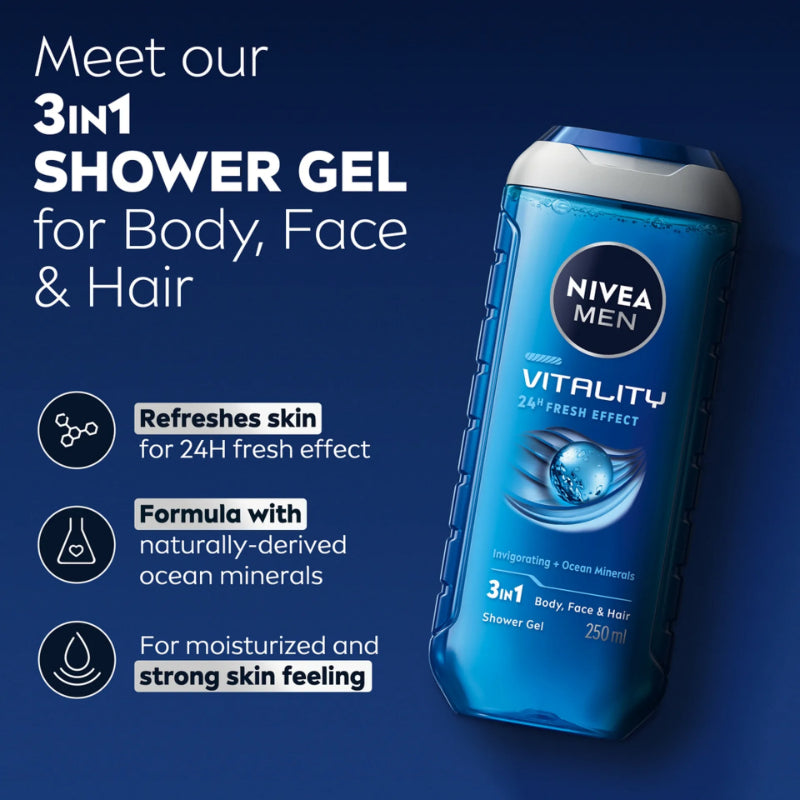Nivea Men Vitality 24H Fresh Effect 3 in 1 Body, Face & Hair Shower Gel 250ml – Energizing All-in-One Cleanser for Men