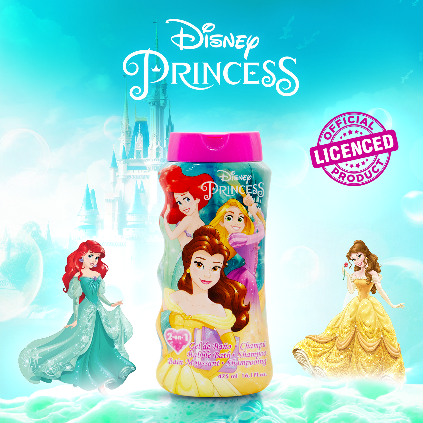 Lorenay Disney Princess 2-in-1 Bubble Bath & Shampoo 475ml - Gentle Kids Hair & Body Wash for Soft Cleansing, Tear-Free Formu