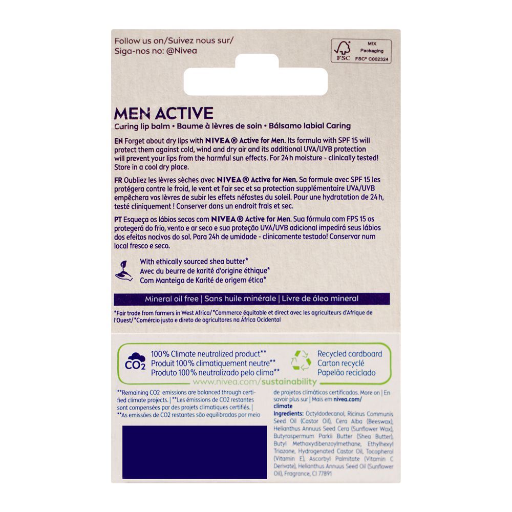 Nivea Men Active SPF15 Lip Balm 24H Moisture 4.8g
