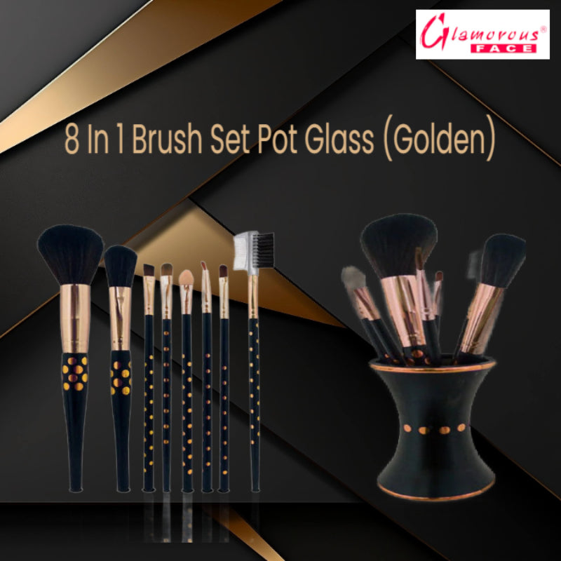 Glamorous Face 8 in 1 Brush Sets Pot Glass (Golden)
