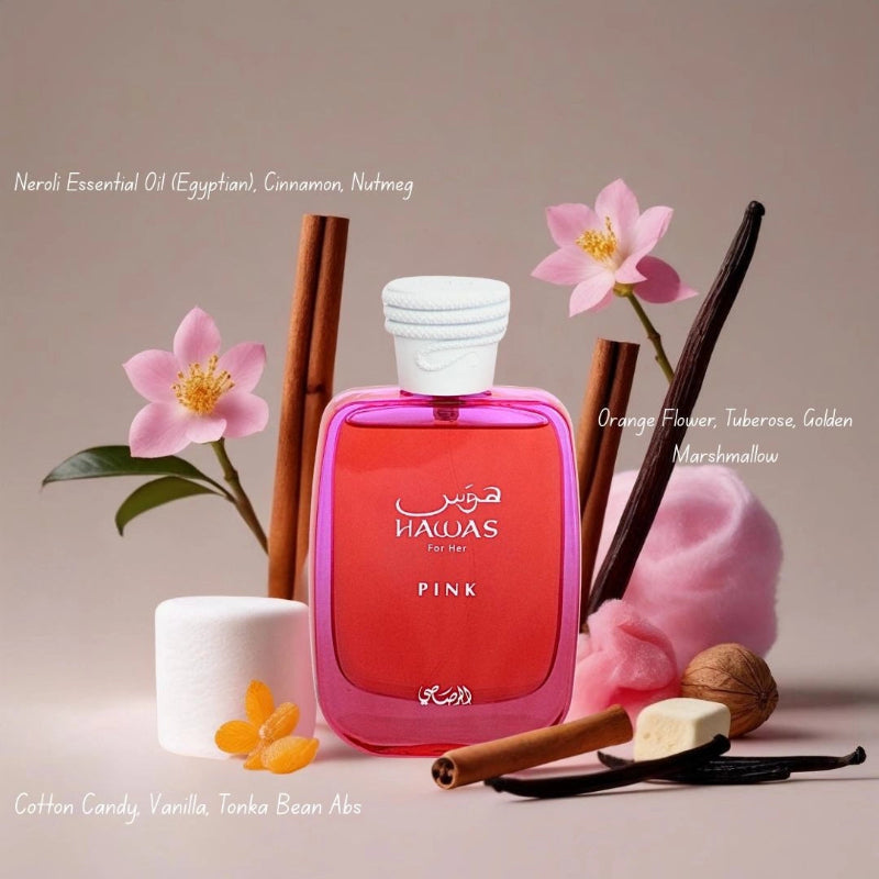 Hawas Pink for Her Eau de Parfum Spray 100ml by Rasasi Long-Lasting Feminine & Floral Fragrance