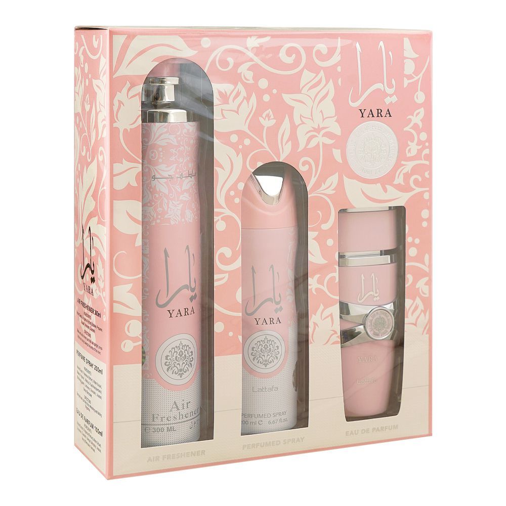 Lattafa Yara 3 Pcs Gift Set With 100ml Perfume Edp + 200ml Deo + 300ml Air Freshner