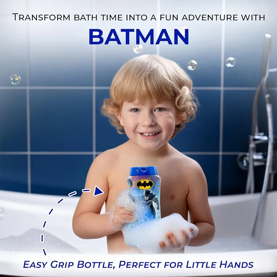 Lorenay Batman 2-in-1 Bubble Bath & Shampoo 475ml - Kids Gentle Hair & Body Wash for Soft Cleansing, Fun Bath Time & Long Las