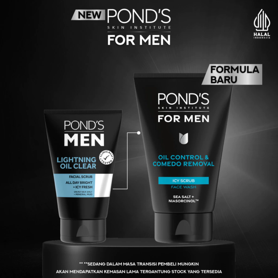 PONDS Pond’s Men Oil Control & Comedo Removal Icy Scrub Face Wash 100g - With Sea Salt & Niasorcinol for Clear, Refreshed Ski