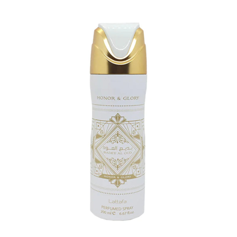 Badee Al Oud Honor & Glory Deodorant Spray 200ml + Badee Al Oud Honor & Glory Air Freshener 300ml by Lattafa (Pack of 2)