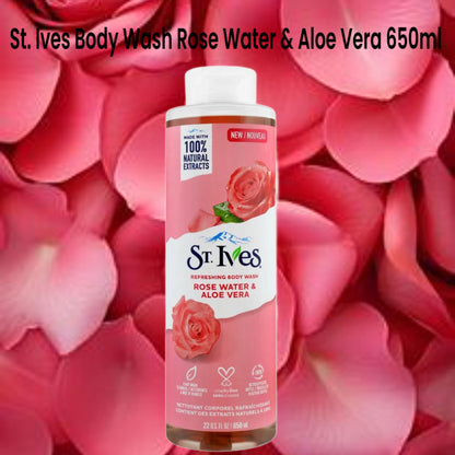 St Ives Rose Water & Aloe Vera Body Wash 650ml - Hydrating & Refreshing Shower Gel for Soft & Glowing Skin