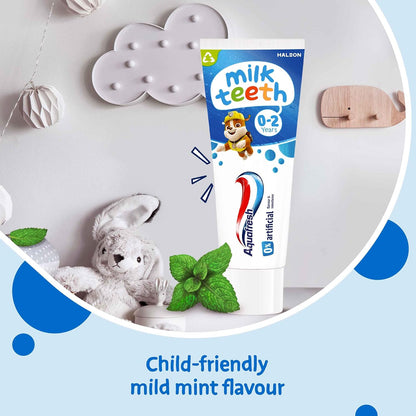 Aquafresh 0% Artificial Flavour & Sweetener Milk Teeth Toothpaste 0 - 2 Years 50ml - Gentle 24hr Protection Baby Toothpaste