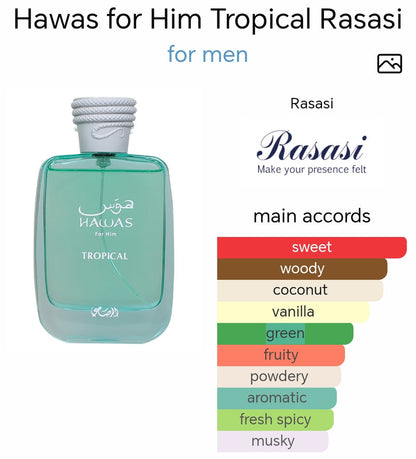 Hawas Tropical Eau de Parfum by Rasasi 100ml for Men Long-Lasting Fresh & Masculine Fragrance