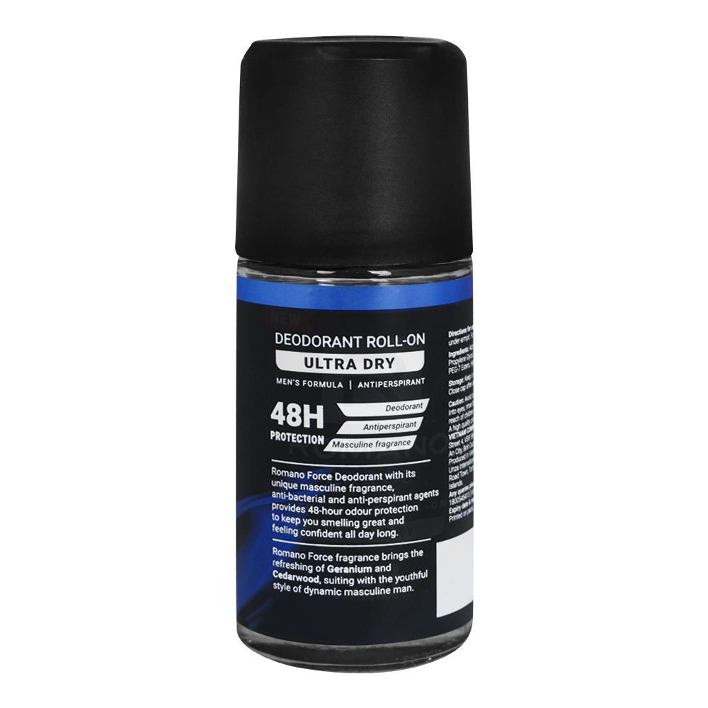 Romano Force Ultra Dry 48H Deodorant Roll-On for Men 50ml - Long Lasting Anti Perspirant with 48 Hour Sweat Control, Fresh Ma