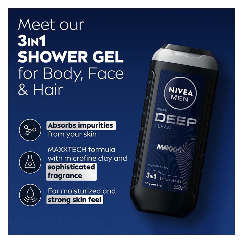 Nivea Men Deep Clean 24H Fresh Effect 3-In-1 Shower Gel For Body, Face & Hair 250ml