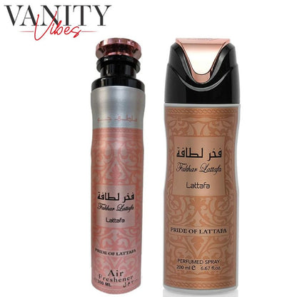 Fakhar Women Deodorant Spray 200ml + Fakhar Women Air Freshener 300ml by Lattafa (Pack of 2)