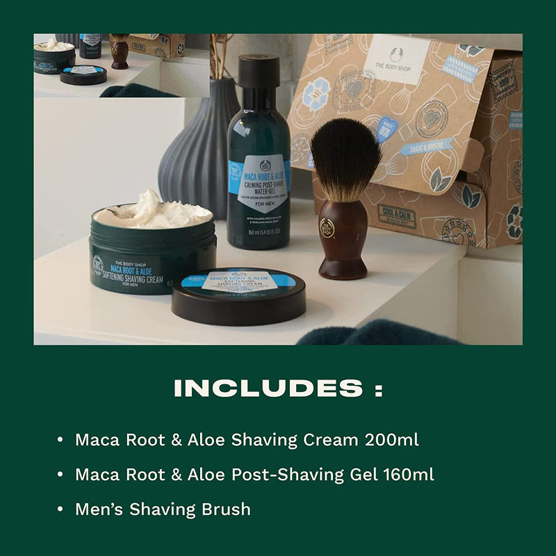 The Body Shop Cool & Calm Shaving Set - Maca Root & Aloe Shave Cream For Men 200ml, Maca Root & Aloe Post-Shave Gel 160ml & A Shaving Brush