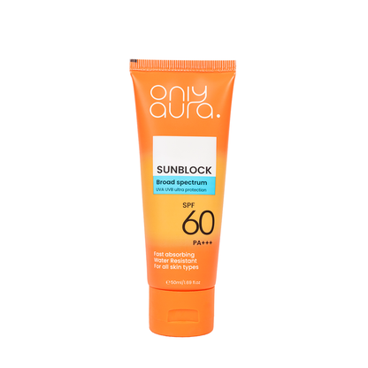 Only Aura Sun Block SPF60 50ml - High Protection Sunscreen for UVA/UVB Defense, Sunburn Prevention, Skin Hydration & Daily Ou