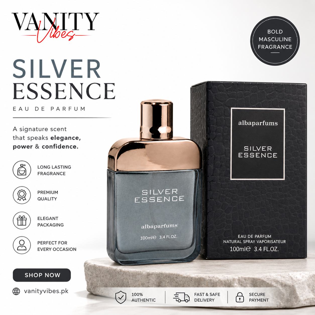 Alba Silver Essence Pour Homme Eau de Parfum 100ml - Long Lasting Perfume for Men