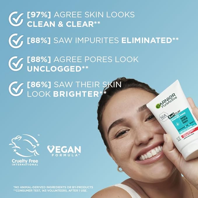 Garnier Pure Active 3-in-1 Clay Wash, Scrub & Mask 150ml Deep Cleansing & Oil Control