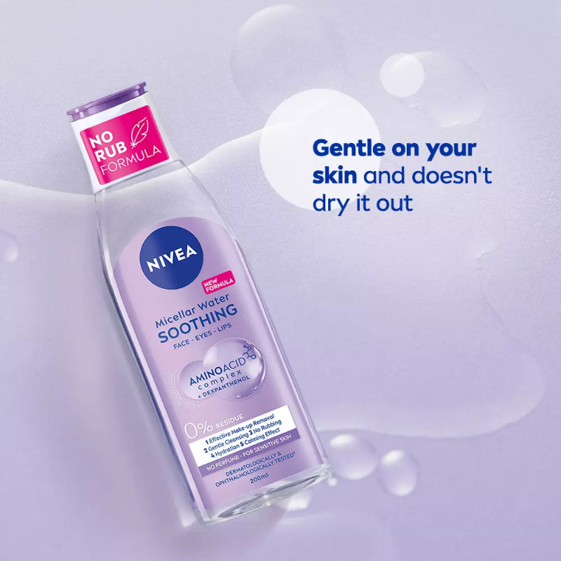 Nivea No-Rub Formula Micellar Water 200ml – Soothing Cleanser for Face, Lips & Eyes with Amino Acid Complex & Dexpanthenol