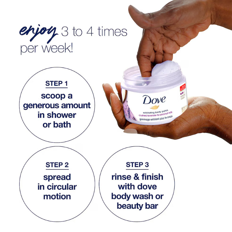 Dove Exfoliating Body Polish Crushed Lavender & Coconut Milk 298g – Gommage Exfoliant Pour Le Corps for Smooth Soft Skin