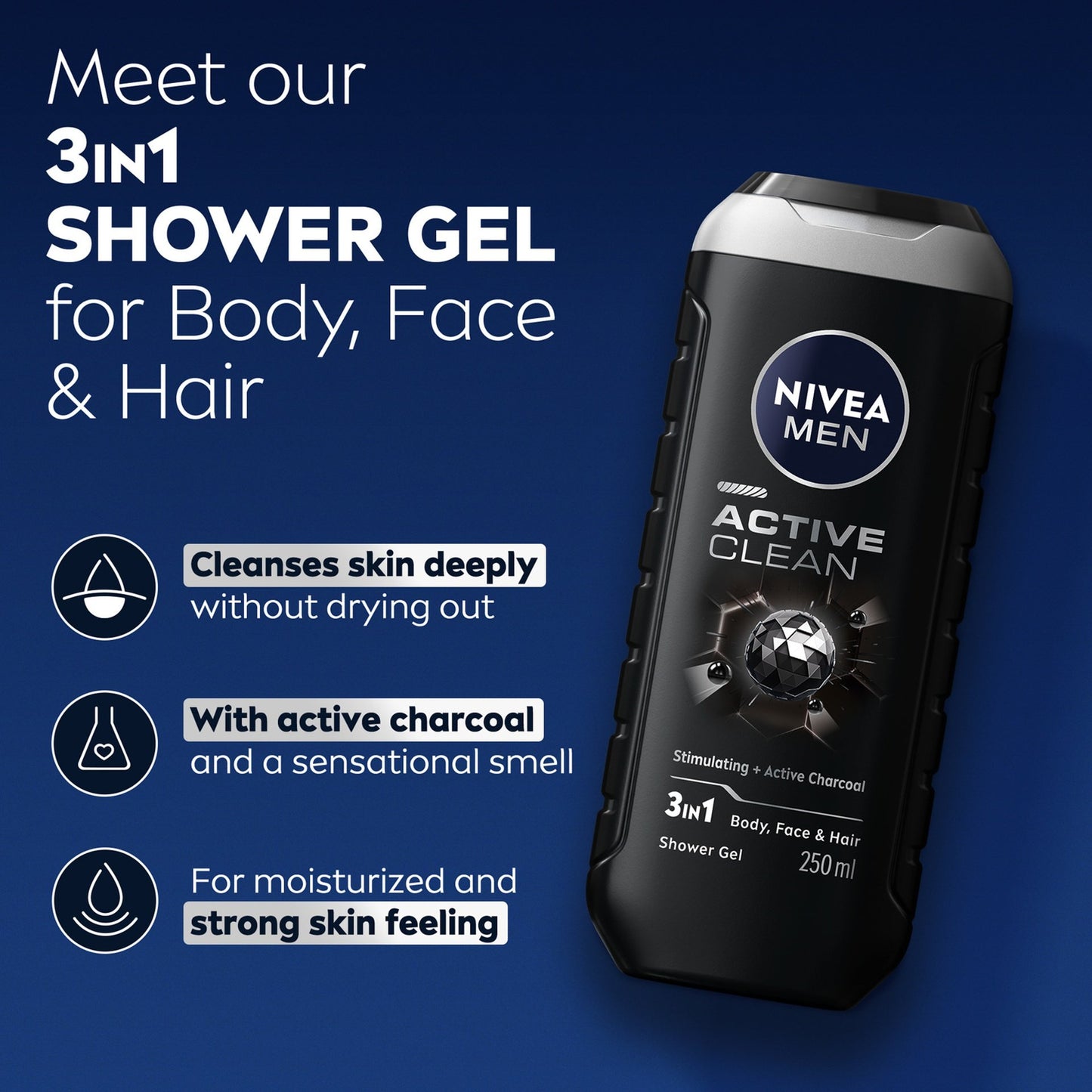 Nivea Men Active Clean 24H Fresh Effect 3-In-1 Shower Gel For Body, Face & Hair 250ml