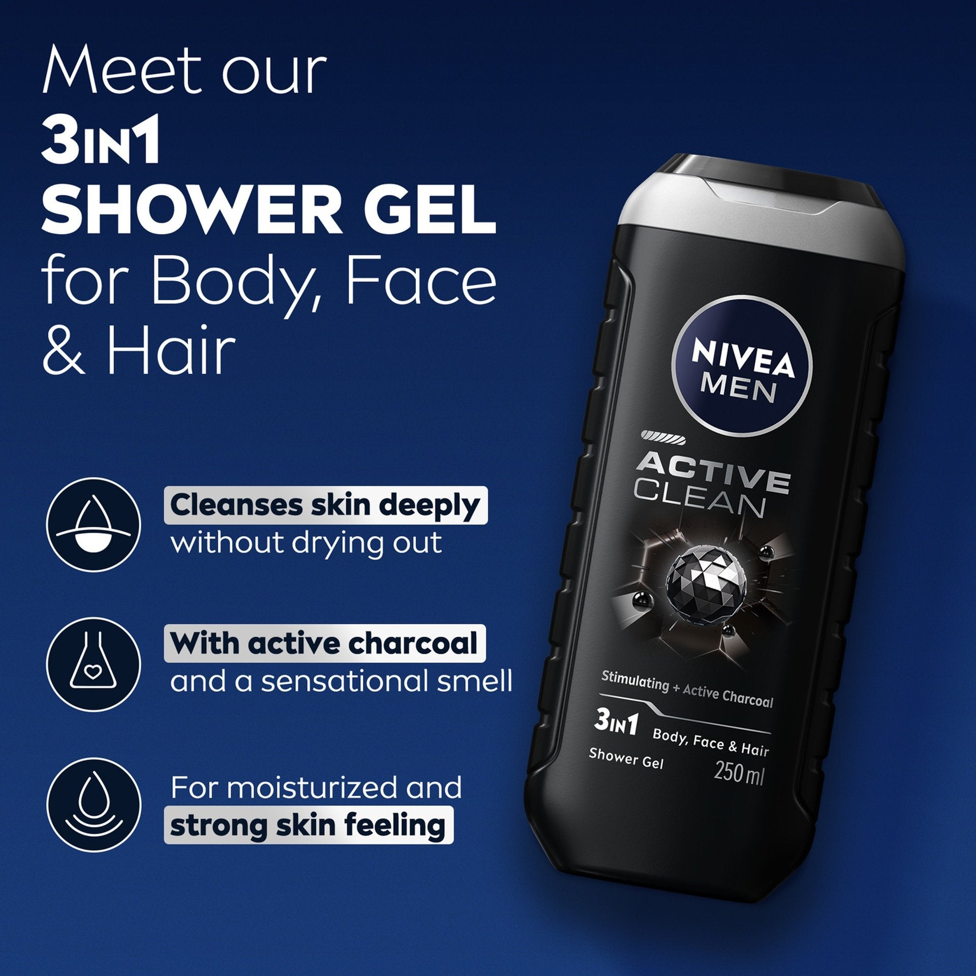 Nivea Men Active Clean 24H Fresh Effect 3-In-1 Shower Gel For Body, Face & Hair 250ml