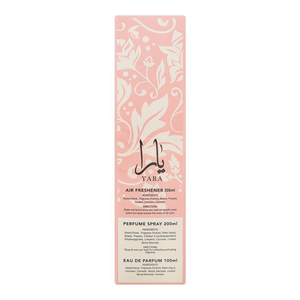 Lattafa Yara 3 Pcs Gift Set With 100ml Perfume EDP + 200ml Deo + 300ml Air Freshner