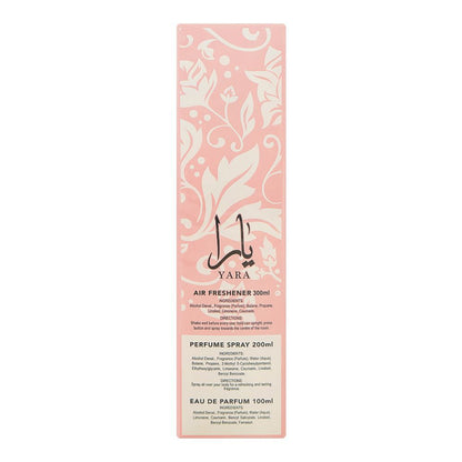 Lattafa Yara 3 Pcs Gift Set With 100ml Perfume EDP + 200ml Deo + 300ml Air Freshner