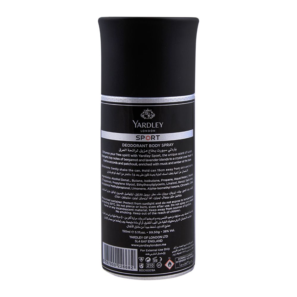 Yardley London Sport Body Spray for Men 150 ml Energetic Masculine Fragrance & Long‑Lasting Freshness
