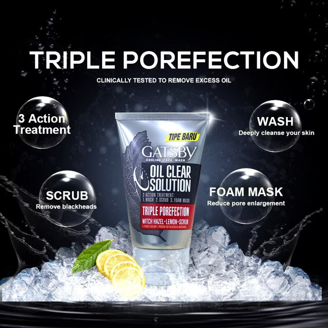 Gatsby Oil Clear Solution Triple Protection Face Wash Oil Control 100g - Deep Cleansing Anti Oil Face Wash for Men Fresh Clea