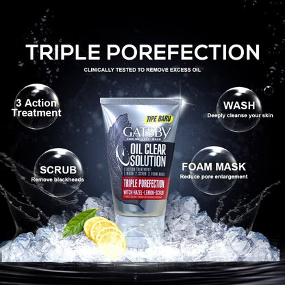 Gatsby Oil Clear Solution Triple Protection Face Wash Oil Control 100g - Deep Cleansing Anti Oil Face Wash for Men Fresh Clea
