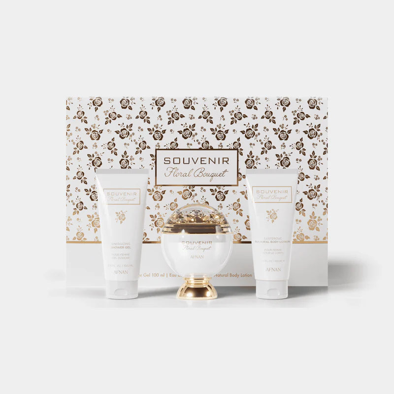 Afnan Souvenir Floral Bouquet Gift Set, EDP 100ml / Shower gel 100ml / Natural Body Lotion 100ml