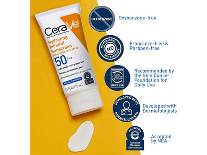 CeraVe Hydrating Mineral Sunscreen SPF 50 Face Lotion-75ml (USA STOCK WITH BOX)