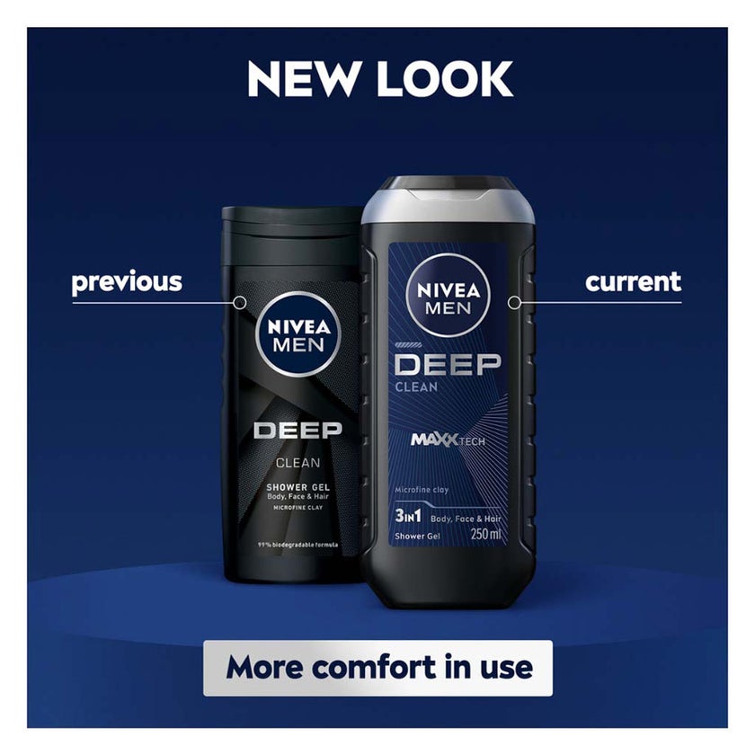 Nivea Men Deep Clean 24H Fresh Effect 3-In-1 Shower Gel For Body, Face & Hair 250ml