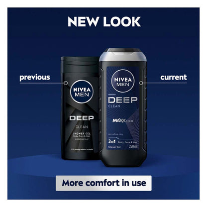 Nivea Men Deep Clean 24H Fresh Effect 3-In-1 Shower Gel For Body, Face & Hair 250ml