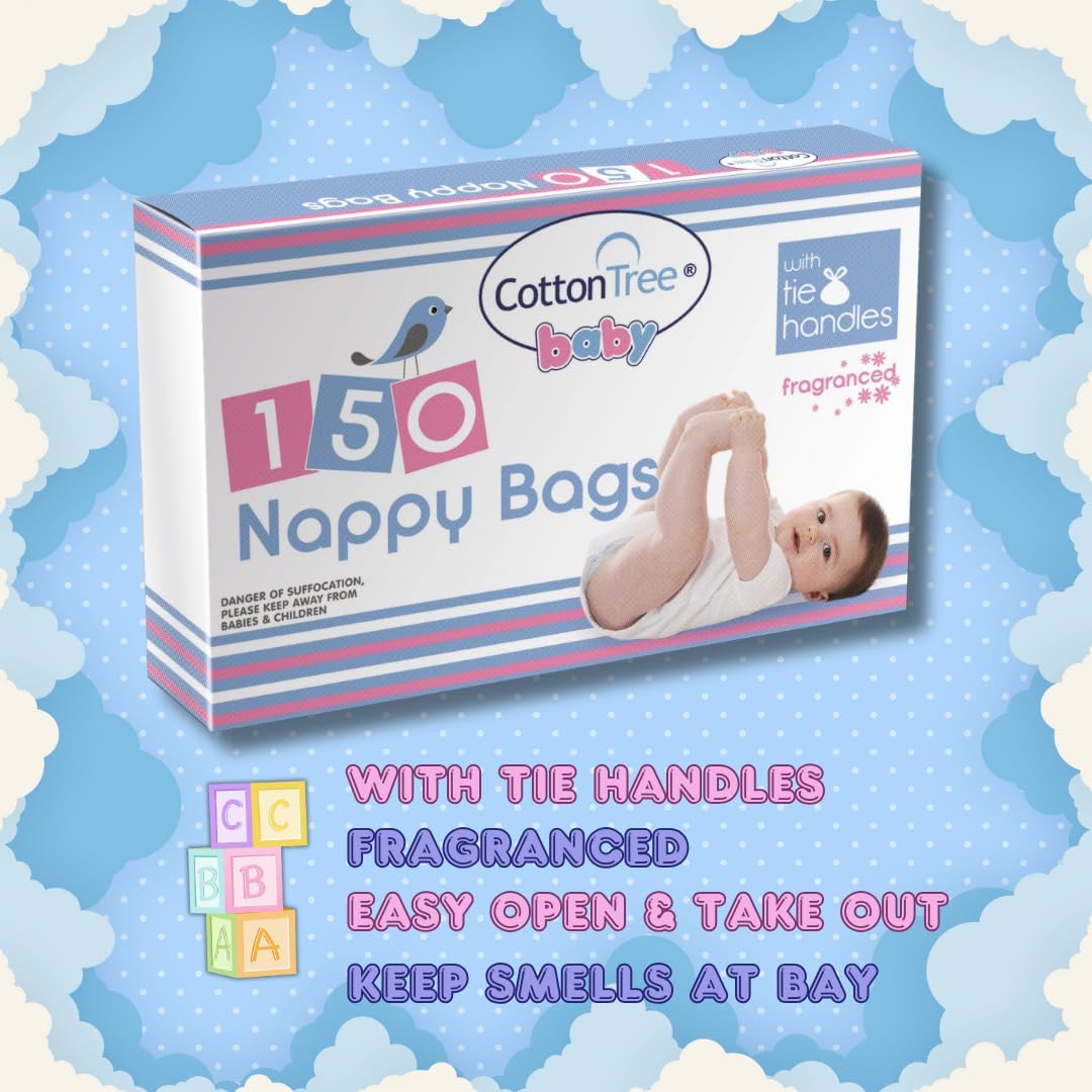 Cotton Tree Fragranced Nappy Bags with Handles Pack of 150 Odor Control & Hygienic Disposal