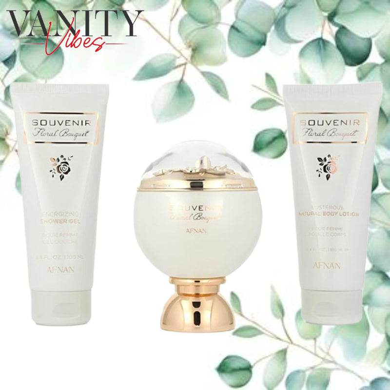 Afnan Souvenir Floral Bouquet Gift Set, EDP 100ml / Shower gel 100ml / Natural Body Lotion 100ml
