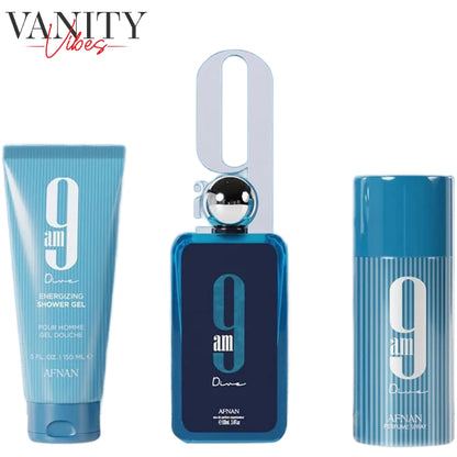 Gift Set 9 AM Dive by AFNAN Eau de Parfum 100ml + Deodorant 150ml + Shower Gel 150ml, Perfume Gift Set for Men & Women
