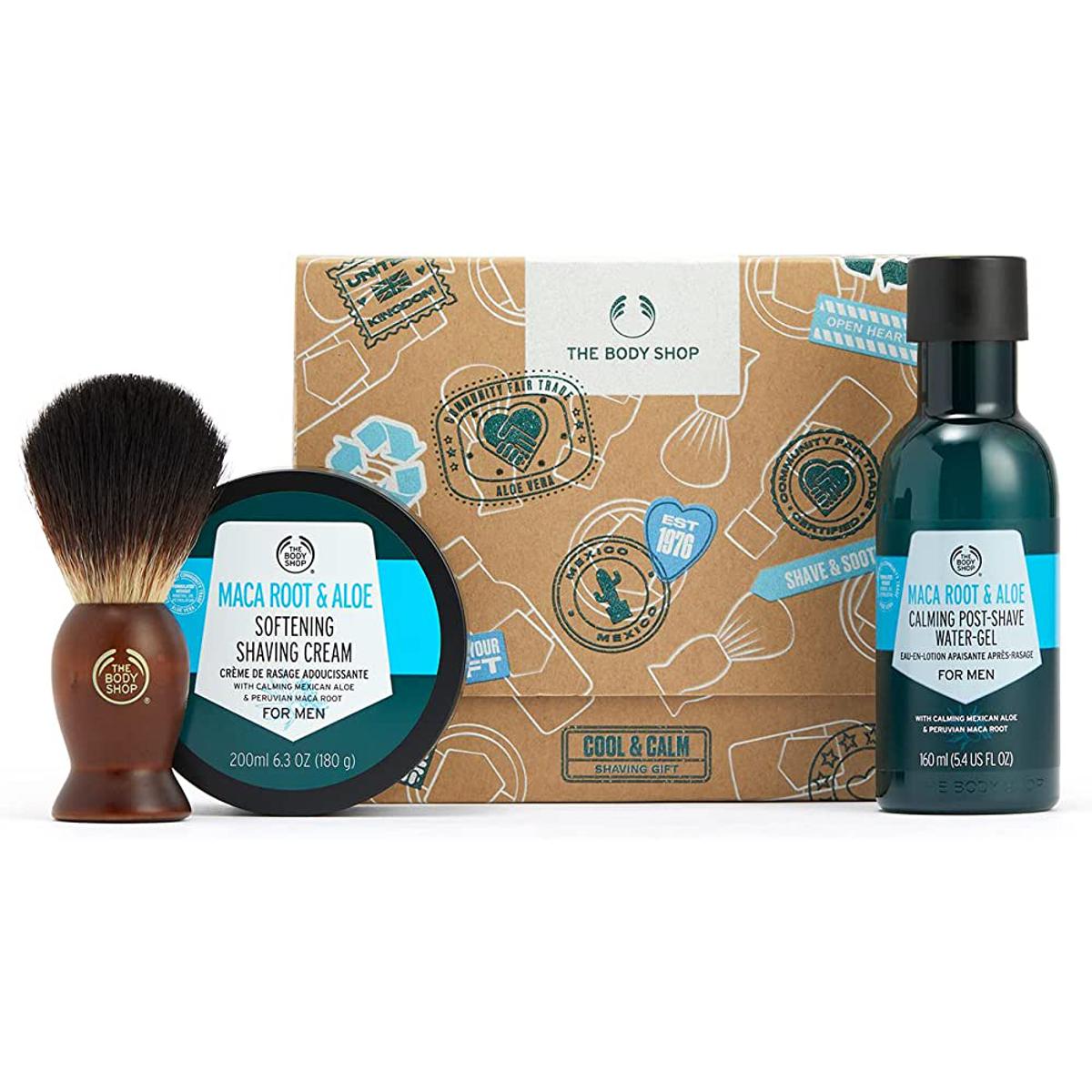 The Body Shop Cool & Calm Shaving Set – Maca Root & Aloe Shave Cream For Men 200ml, Maca Root & Aloe Post-Shave Gel 160ml & A Shaving Brush