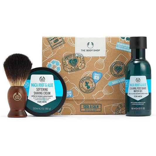 The Body Shop Cool & Calm Shaving Set – Maca Root & Aloe Shave Cream For Men 200ml, Maca Root & Aloe Post-Shave Gel 160ml & A Shaving Brush