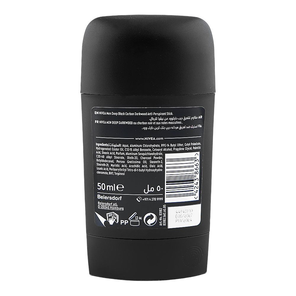 Nivea Men 72H Deep Black Carbon Dark Wood Deodorant Stick Anti-Perspirant 50ml