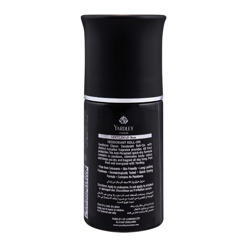 Yardley Gentleman Classic Deodorant Roll-On 50ml - Long Lasting Anti-Perspirant for Men with 48 Hour Sweat Protection, Fresh 