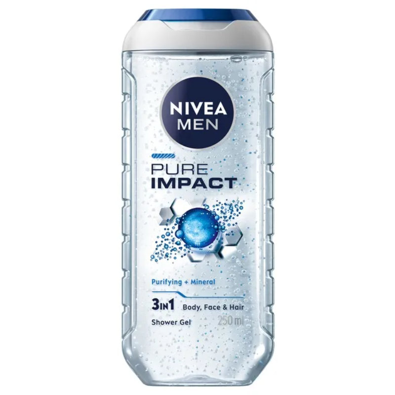 Nivea Men Pure Impact 3 in 1 Body, Face & Hair Shower Gel 250ml - All-in-One Deep Cleansing Wash for Men