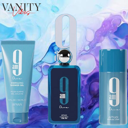 Gift Set 9 AM Dive By  AFNAN Eau De Parfum 100 ML + Deodorant 150 ML + Shower Gel 150 ML, Perfume Gift Set For Men & Women