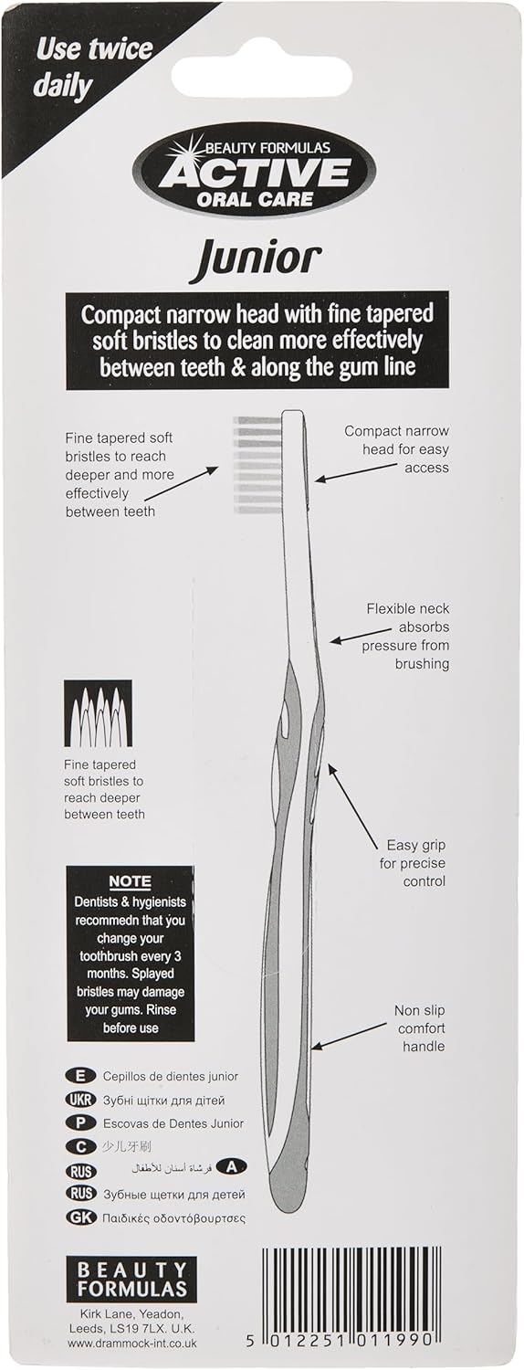 Beauty Formulas Active 3S Junior Toothbrush (Ages 8 - 12 Years) - Soft Bristles Kids Dental Care Brush for Gentle Cleaning & 