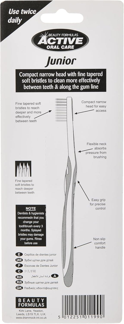 Beauty Formulas Active 3S Junior Toothbrush (Ages 8 - 12 Years) - Soft Bristles Kids Dental Care Brush for Gentle Cleaning & 